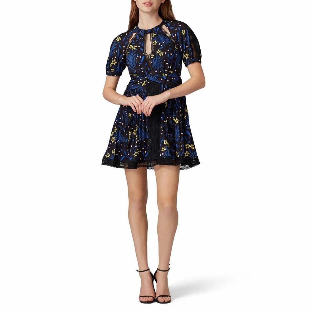 SELF-PORTRAIT NWT Black/Multi Wildflower Print Lace Trim Mini Dress 4 - Picture 3 of 15